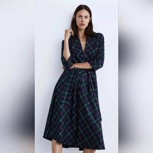 ZARA Plaid Tie Waist Midi Dress Soft Viscose Women’s Size Medium